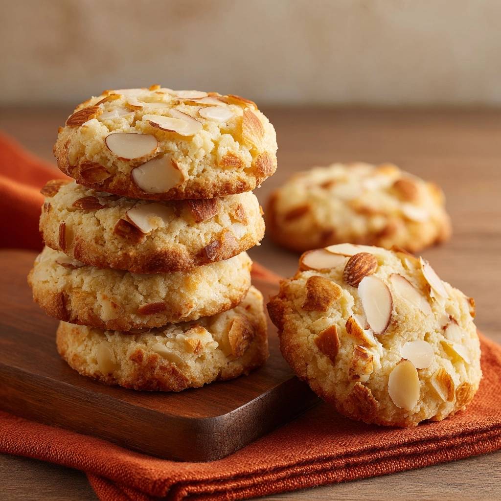 Almond Bliss Cookies are stacked in a close-up view, showcasing their tender texture and almond topping.