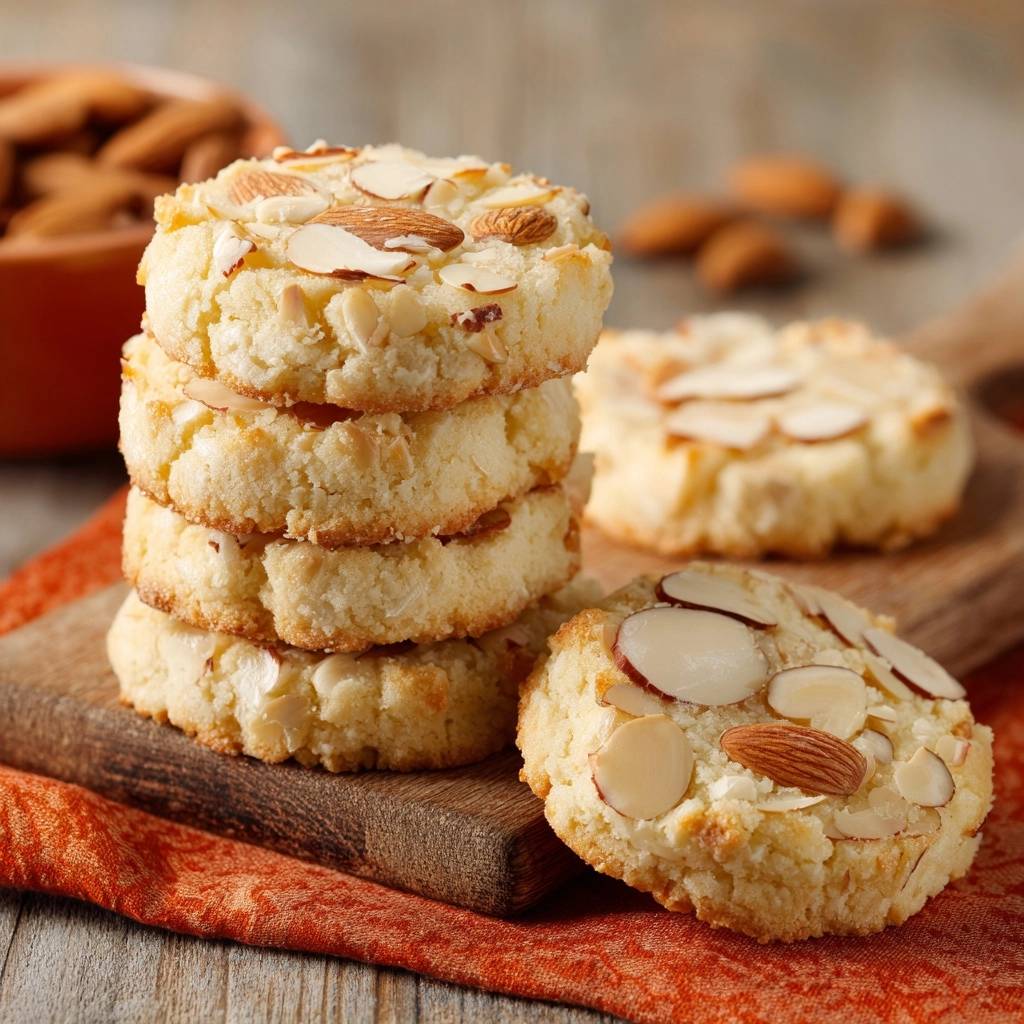 Almond Bliss Cookies, a stack of tender, golden-brown cookies topped with sliced almonds, resting on a wooden board.