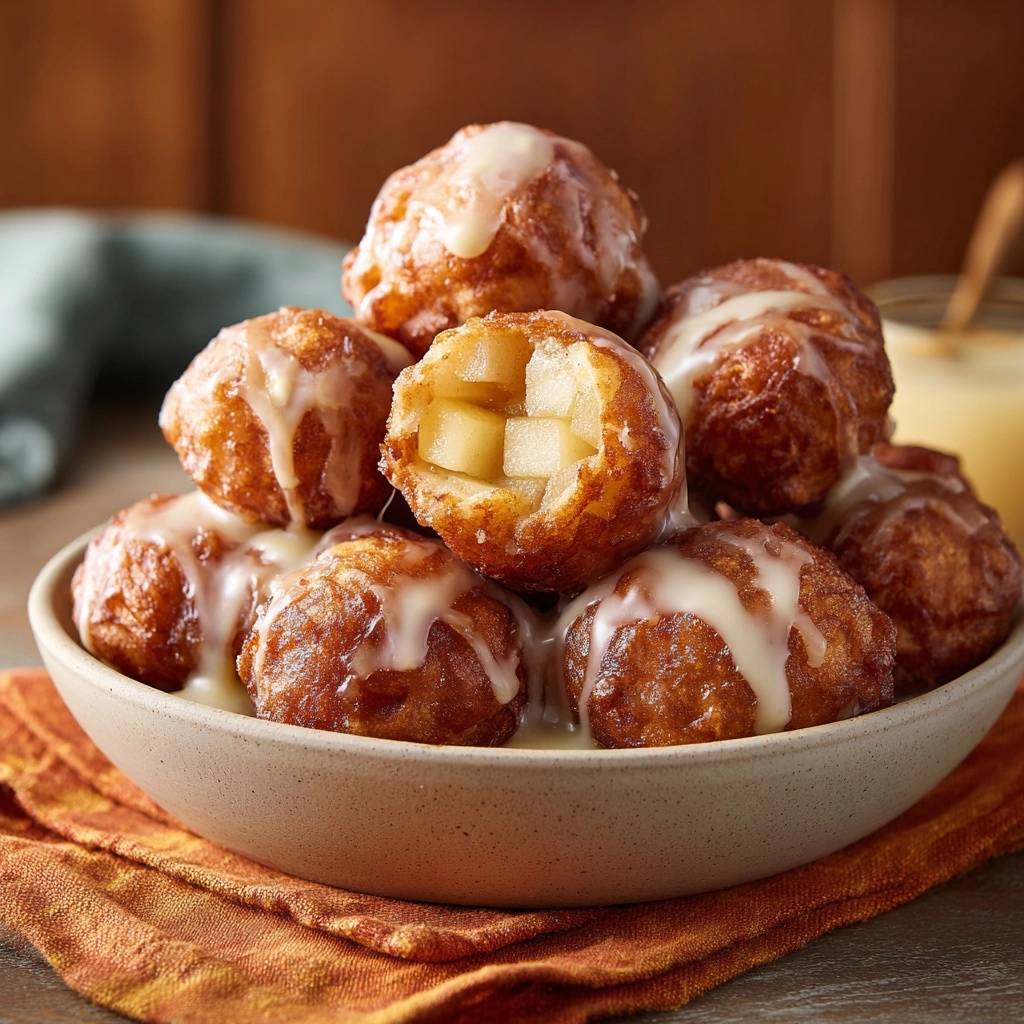 Apple fritters with a close-up showing tender apple pieces inside a golden-brown coating.