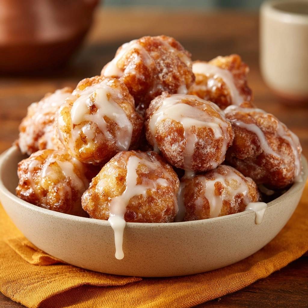 Apple fritters drizzled with white glaze in a bowl, showing their golden-brown texture.