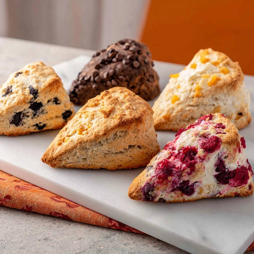 Assorted fruit and chocolate scones displayed at an angle on a white marble board.