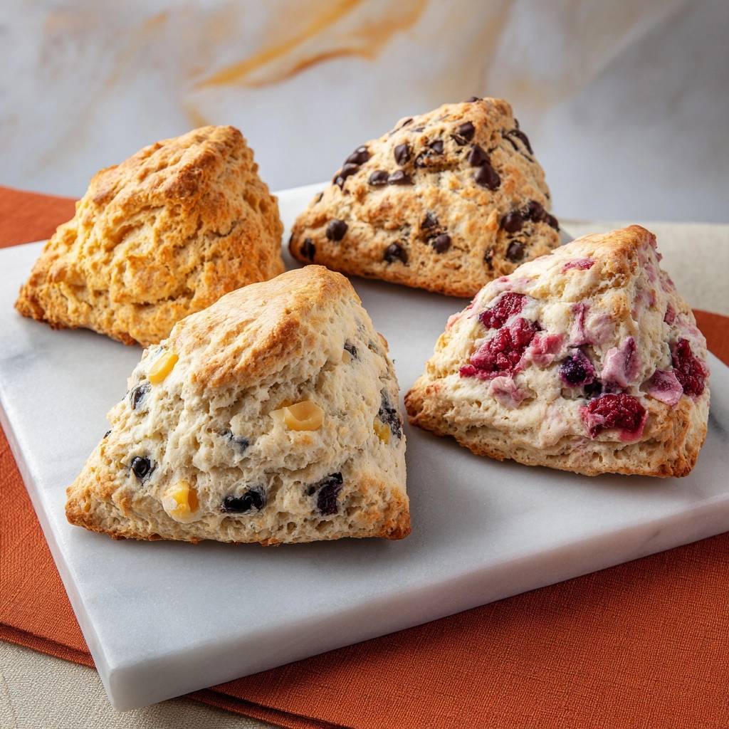 Assorted fruit and chocolate scones, featuring four distinct varieties presented on a marble slab.