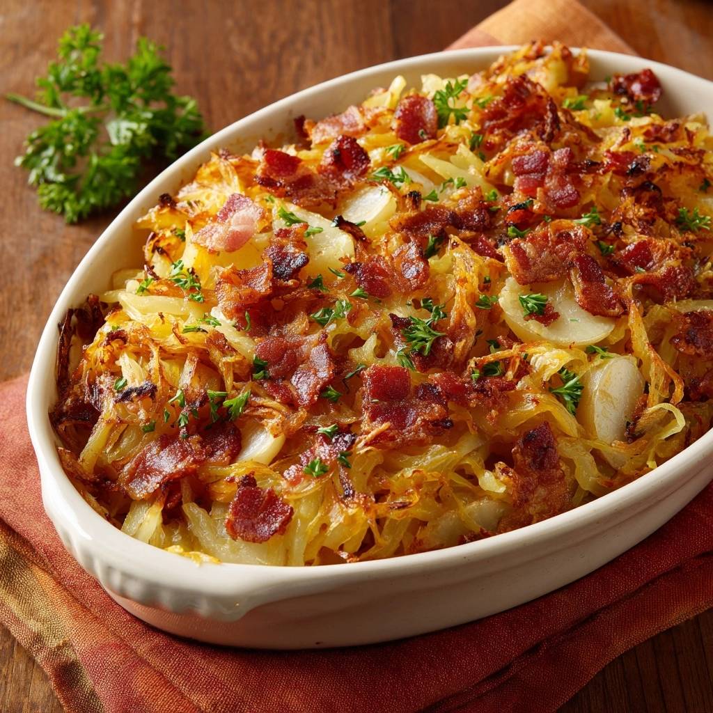 Crispy bacon onion hash browns served in a white baking dish, garnished with fresh parsley.