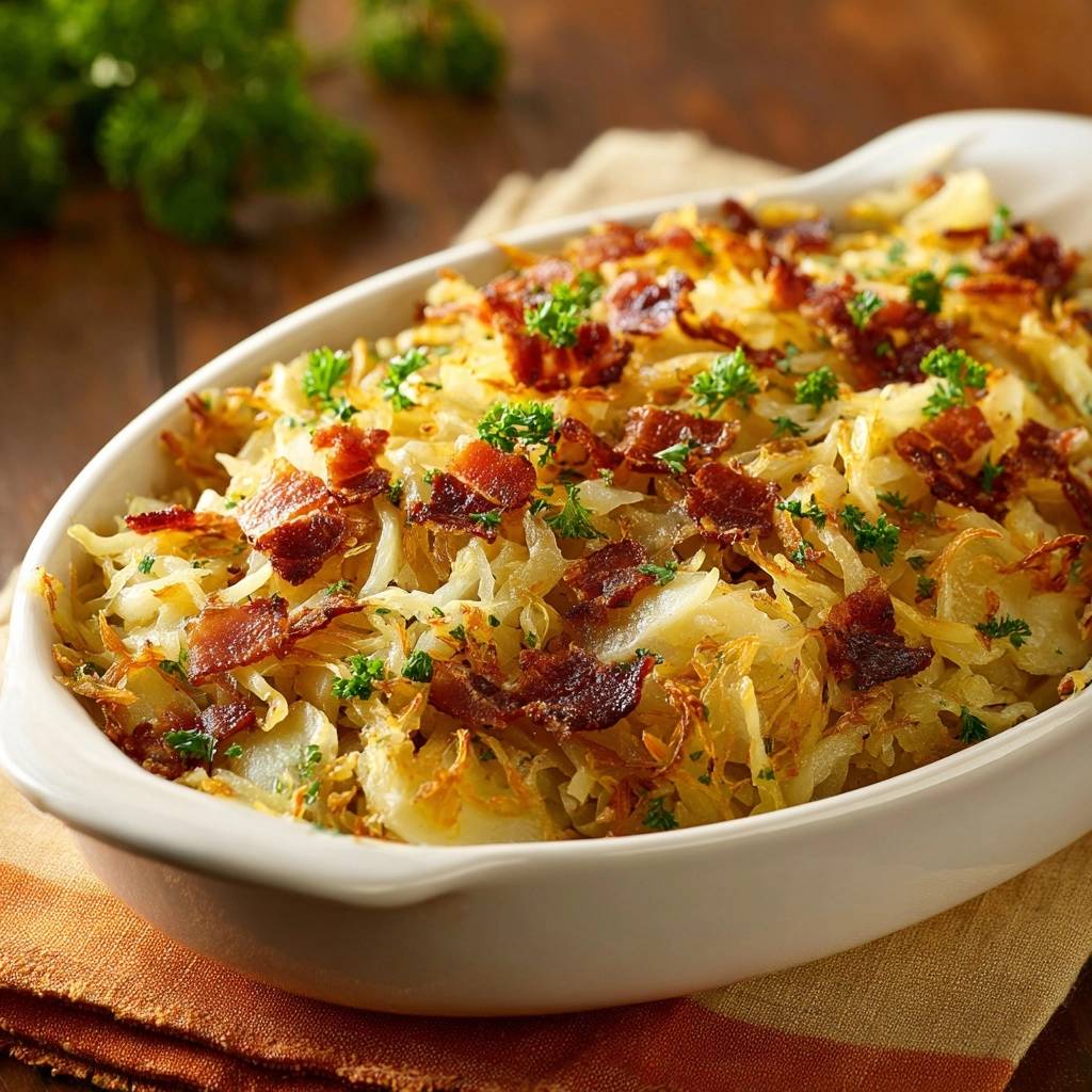 Crispy bacon onion hash browns garnished with fresh parsley, shown in a close-up view within a white baking dish.