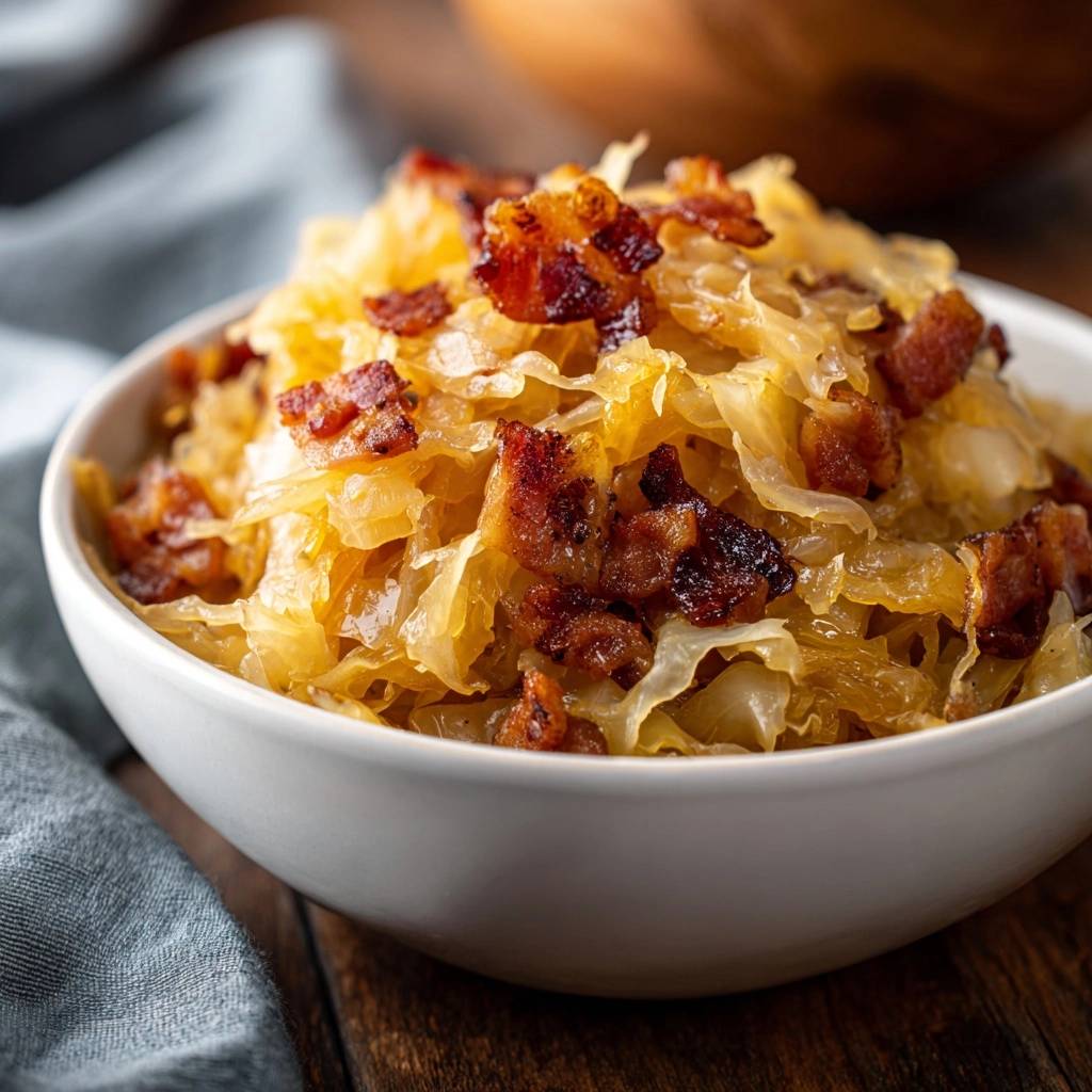 Bacon sauerkraut in a white bowl, showcasing the crispy bacon topping and tender cabbage.