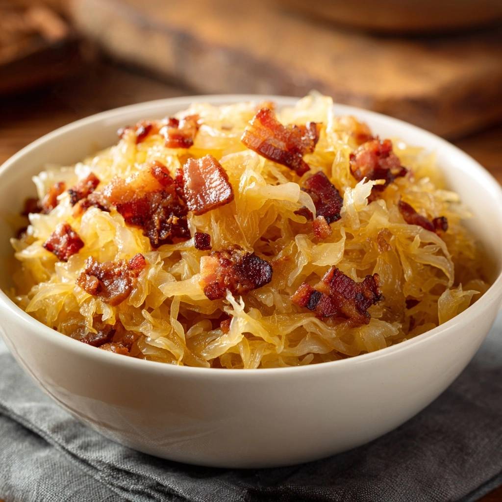 Bacon sauerkraut served in a white bowl, with a close-up view highlighting the crispy bacon pieces throughout.