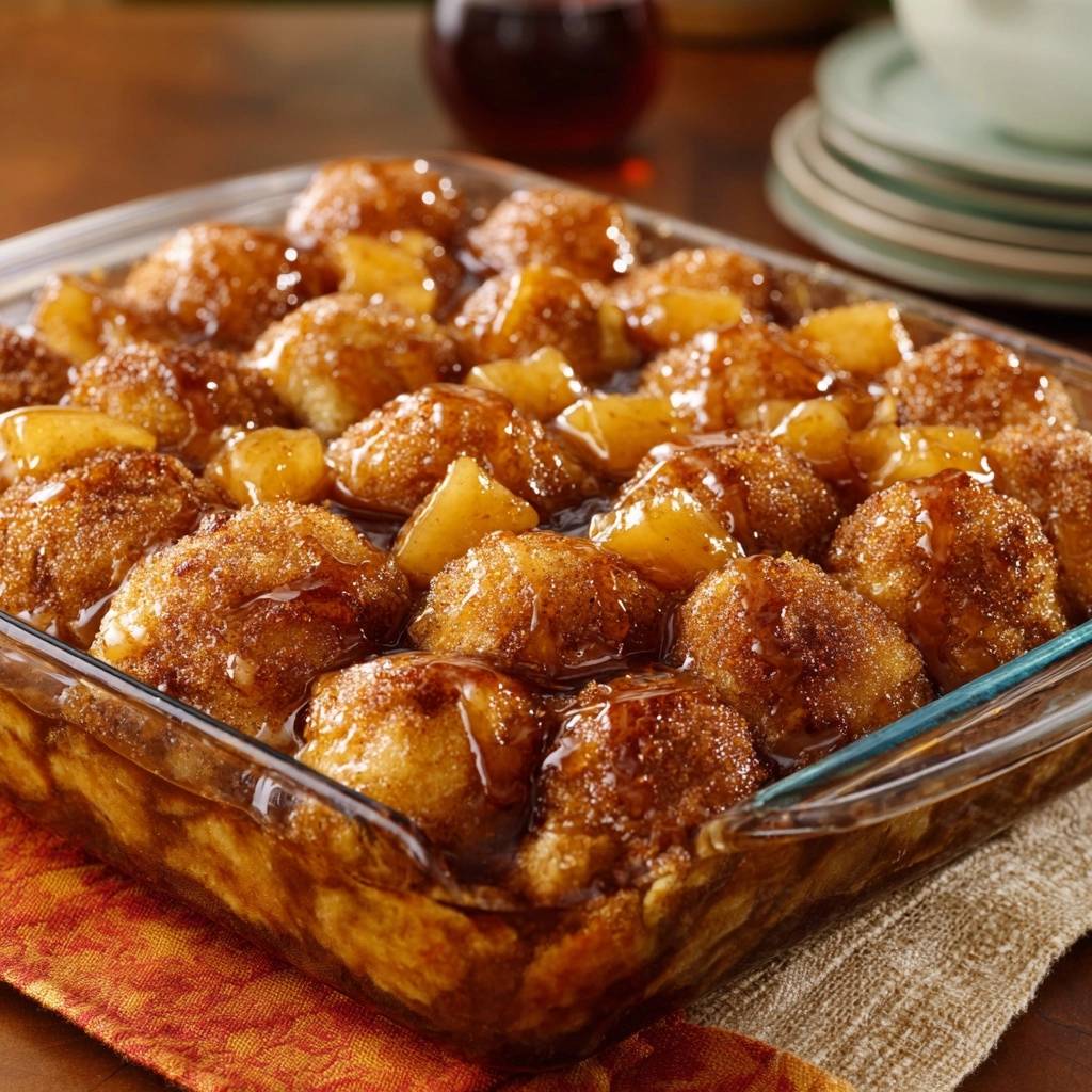 Baked pineapple dumplings with never-watery sauce shown in a clear glass baking dish, with a syrupy glaze.