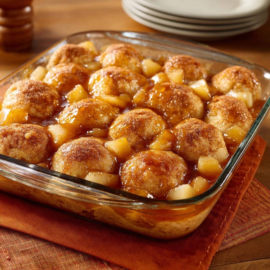 Baked pineapple dumplings with a never-watery sauce, presented in a clear glass baking dish.