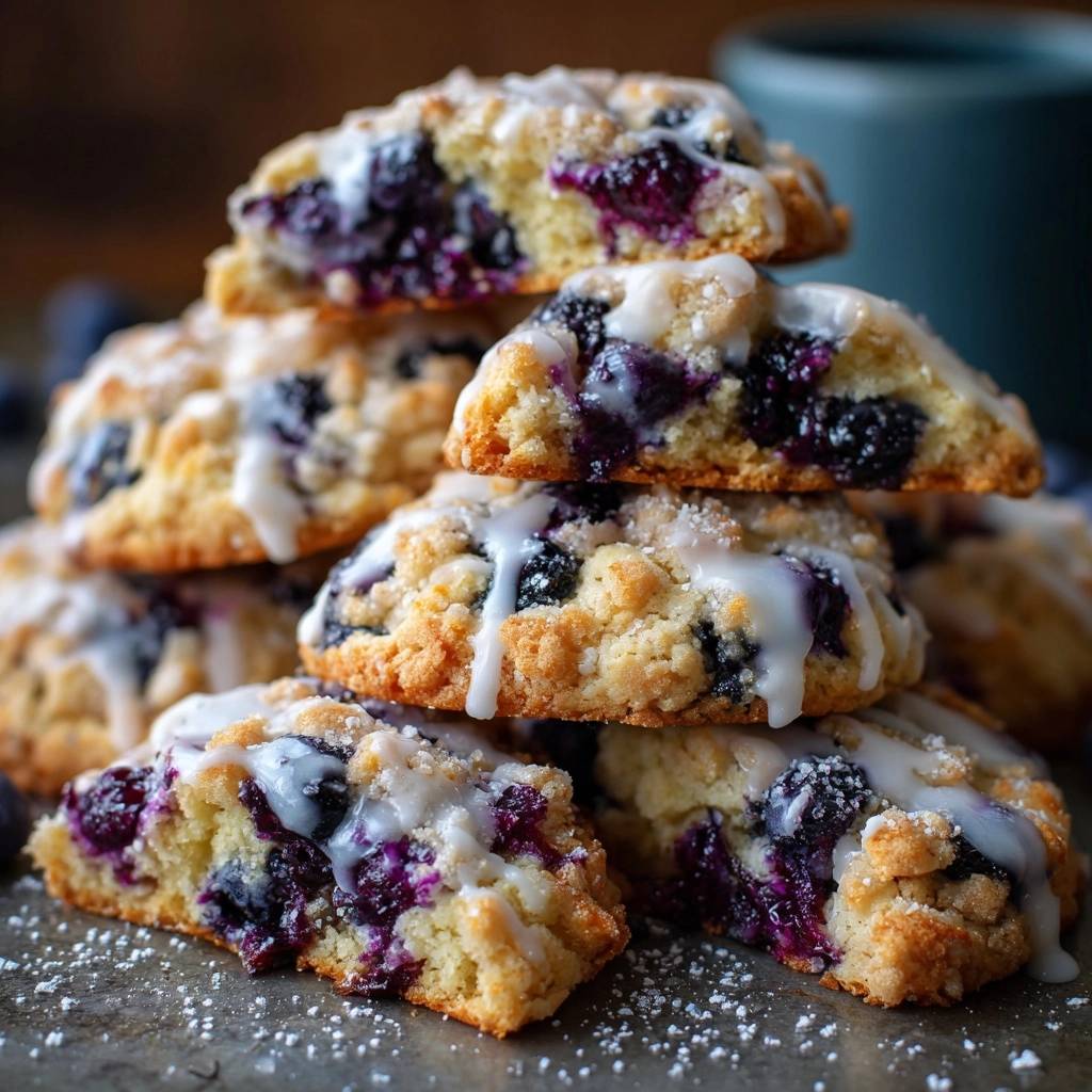 Bakery-style blueberry crumb muffins stacked high, showing a close-up cross-section of their tender interior filled with blueberries.