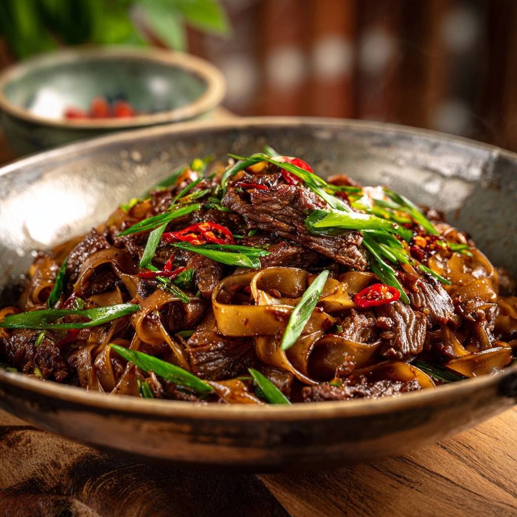 Beef Pad See Ew featuring silky noodles and tender beef in a close-up wok-tossed view, garnished with chili and scallions.