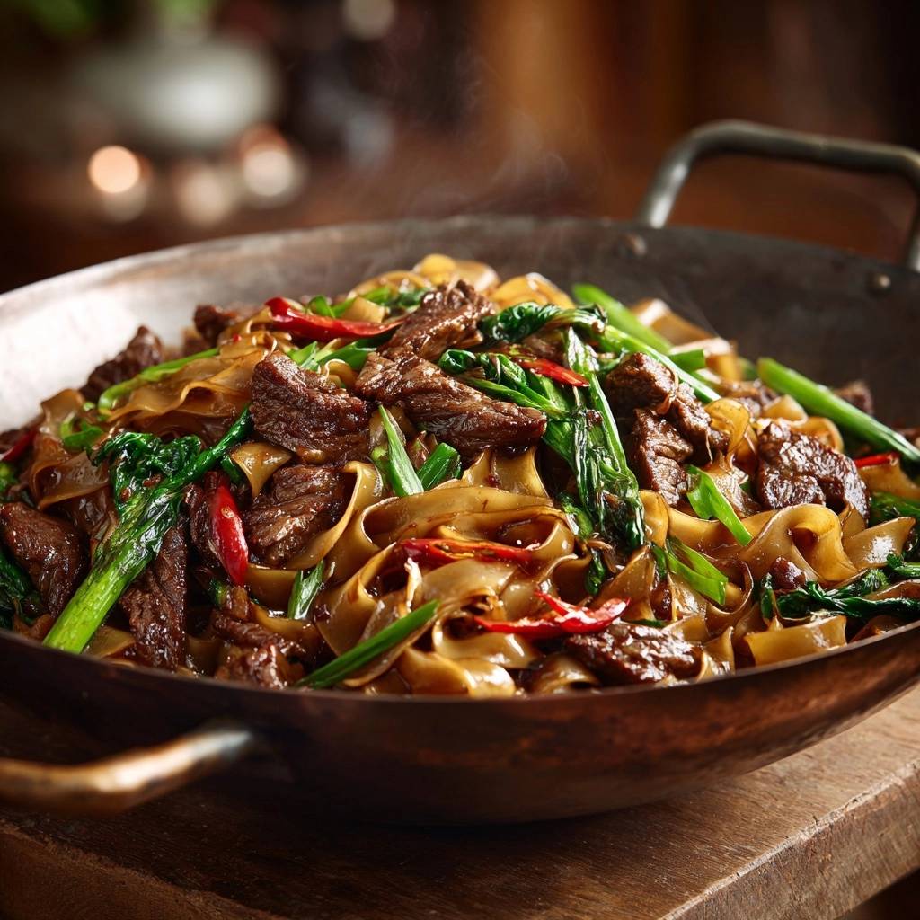 Beef Pad See Ew with silky noodles and greens, steaming in a wok with a close-up view of the wok toss.