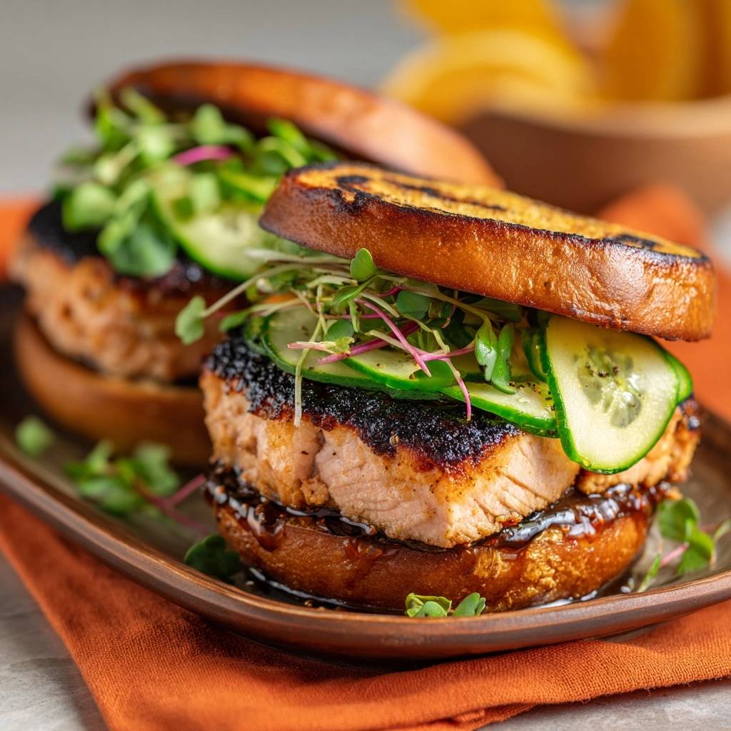 Blackened sesame salmon burgers shown in a side view on a plate, highlighting the thick salmon patty and fresh toppings.