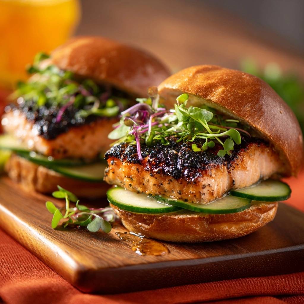 Blackened sesame salmon burgers shown as two sliders with cucumber and greens on a wooden board.