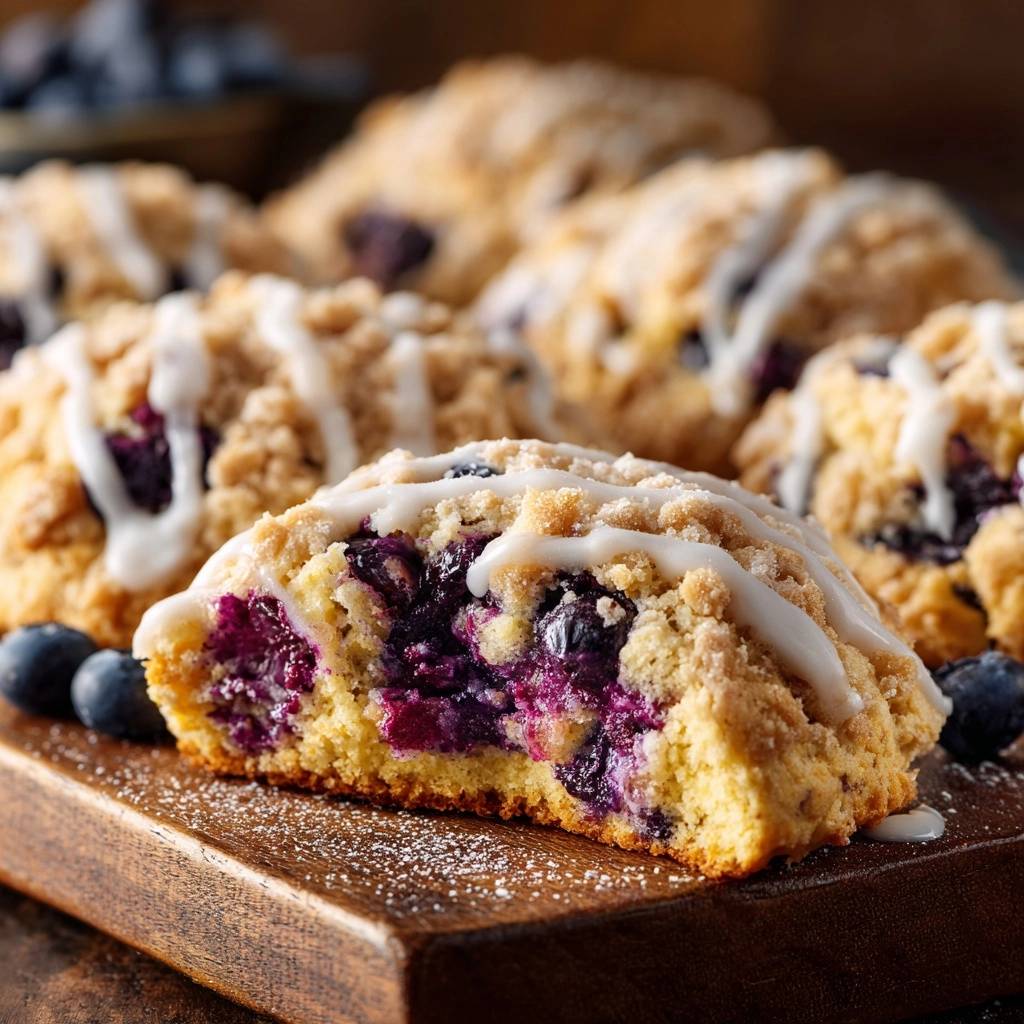 Bakery-style blueberry crumb muffins shown in a close-up cross-section with a drizzle of white glaze.
