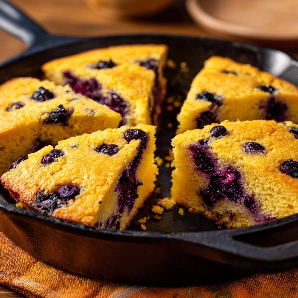 Blueberry skillet cornbread shown in a close-up of a sliced piece, highlighting the moist interior with blueberries.