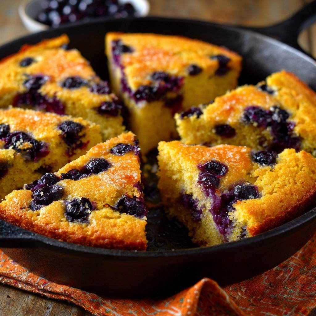 Blueberry skillet cornbread shown in a cross-section, highlighting its tender crumb and juicy blueberry pockets.