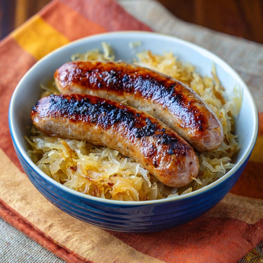 Bratwurst with sauerkraut served in a blue bowl, showing a close-up view of the browned sausages nestled in the tangy cabbage.