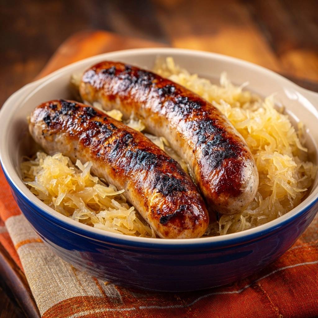 Bratwurst with sauerkraut served in a blue-rimmed dish, showing a close-up of the two juicy sausages nestled in the fermented cabbage.