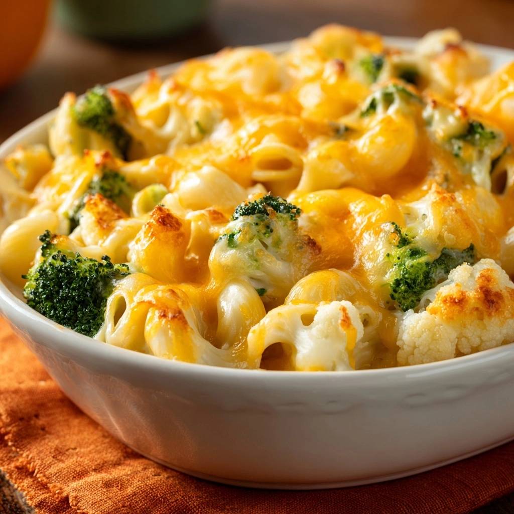 Broccoli cauliflower mac and cheese baked dish in a white bowl, showing melted cheese and tender vegetables.