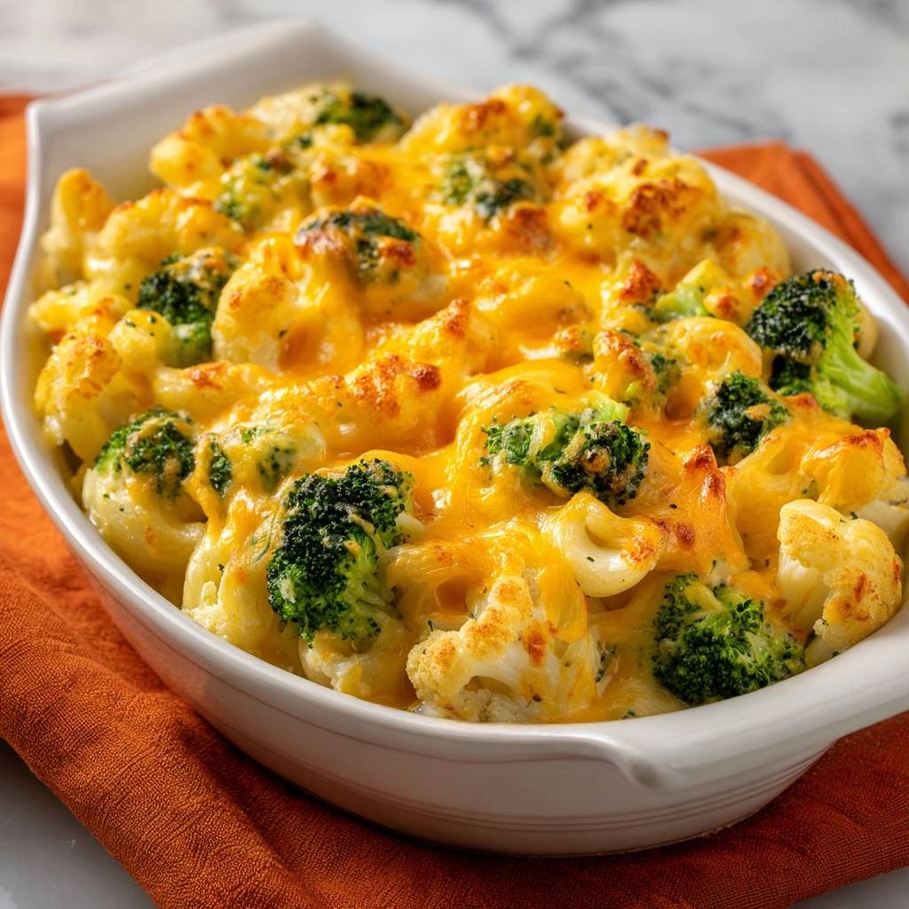 Broccoli cauliflower mac and cheese with crisp veggies in a white baking dish, covered in melted golden cheese.