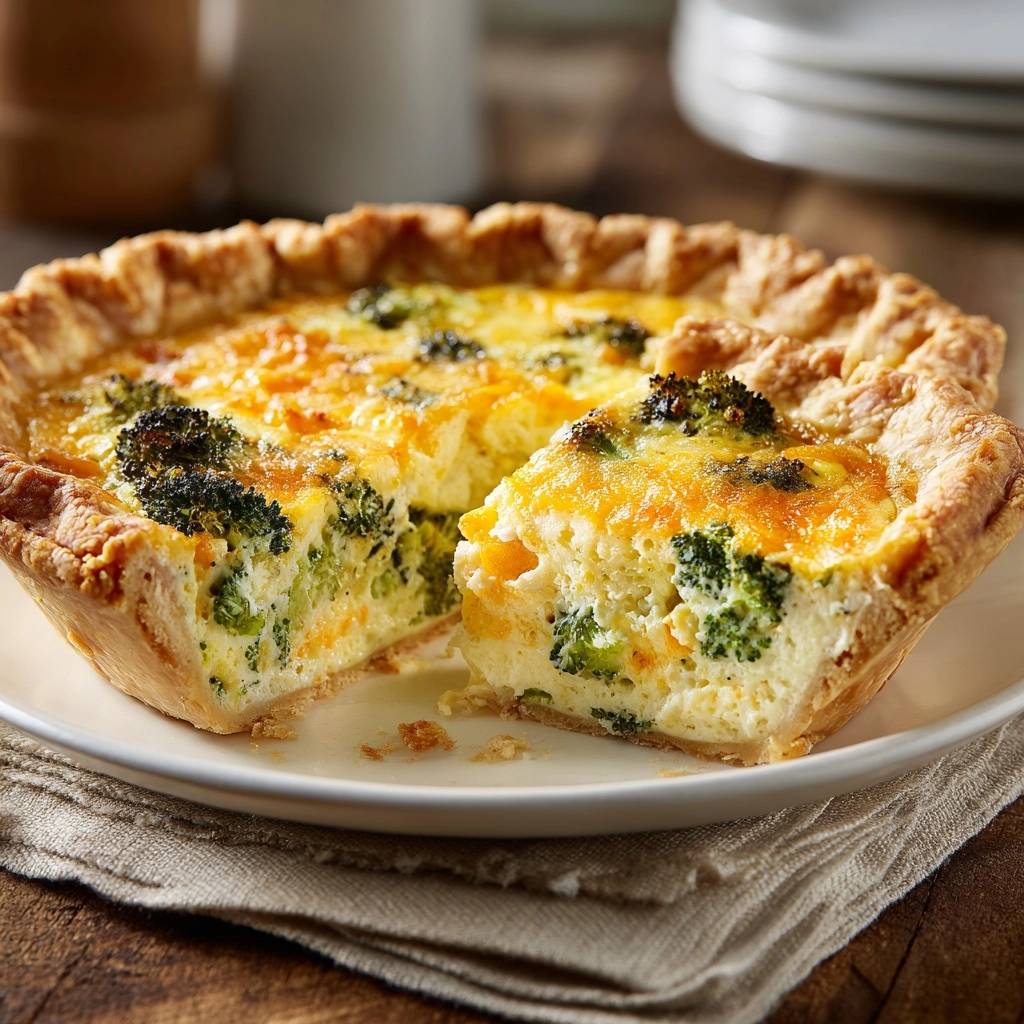 Broccoli cheddar quiche with flaky crust shown in a close-up cross-section revealing its creamy interior and broccoli florets.