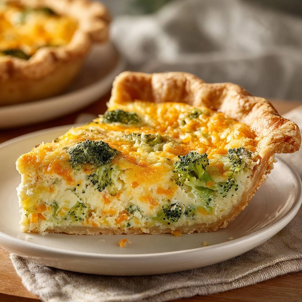 Broccoli cheddar quiche with flaky crust shown as a close-up cross-section slice on a white plate.