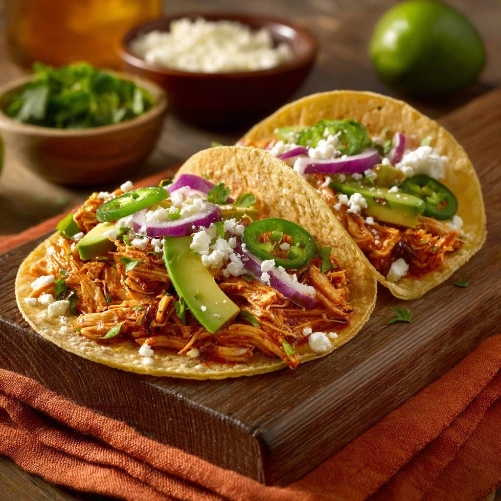 Buffalo chicken tacos with shredded braised meat, topped with avocado, jalapeños, red onion, and crumbled cheese.