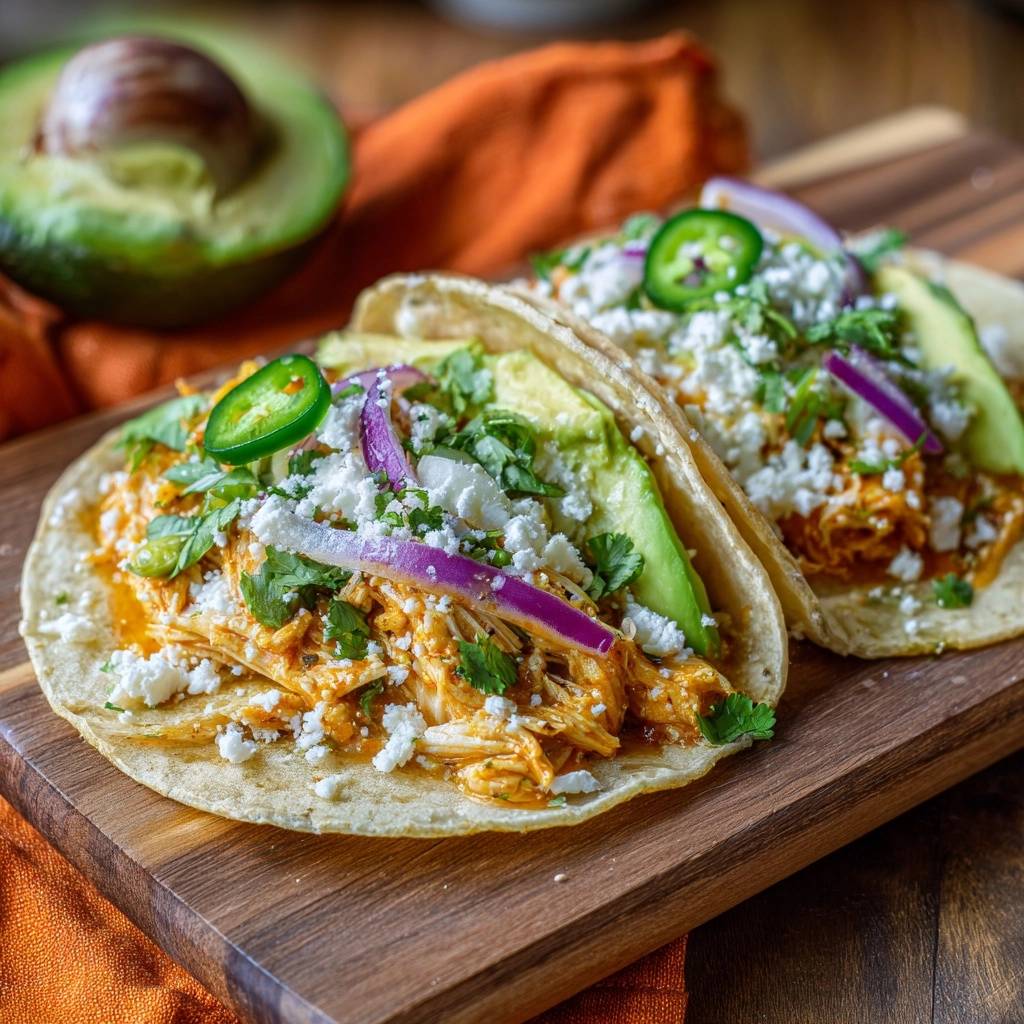 Buffalo chicken tacos with juicy braised meat, topped with fresh cilantro, crumbled feta, and jalapeño slices.