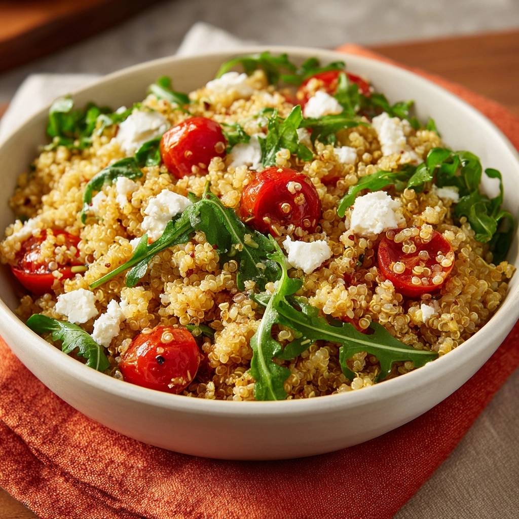 Burst cherry tomato quinoa salad with feta and arugula shown in a close-up bowl view.