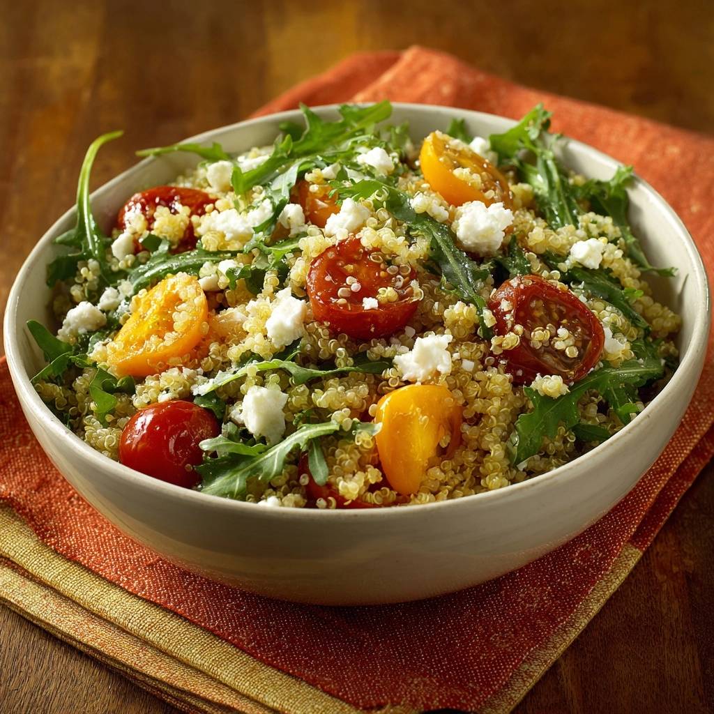 Burst cherry tomato quinoa salad with feta and arugula in a white bowl, shown from an overhead perspective.