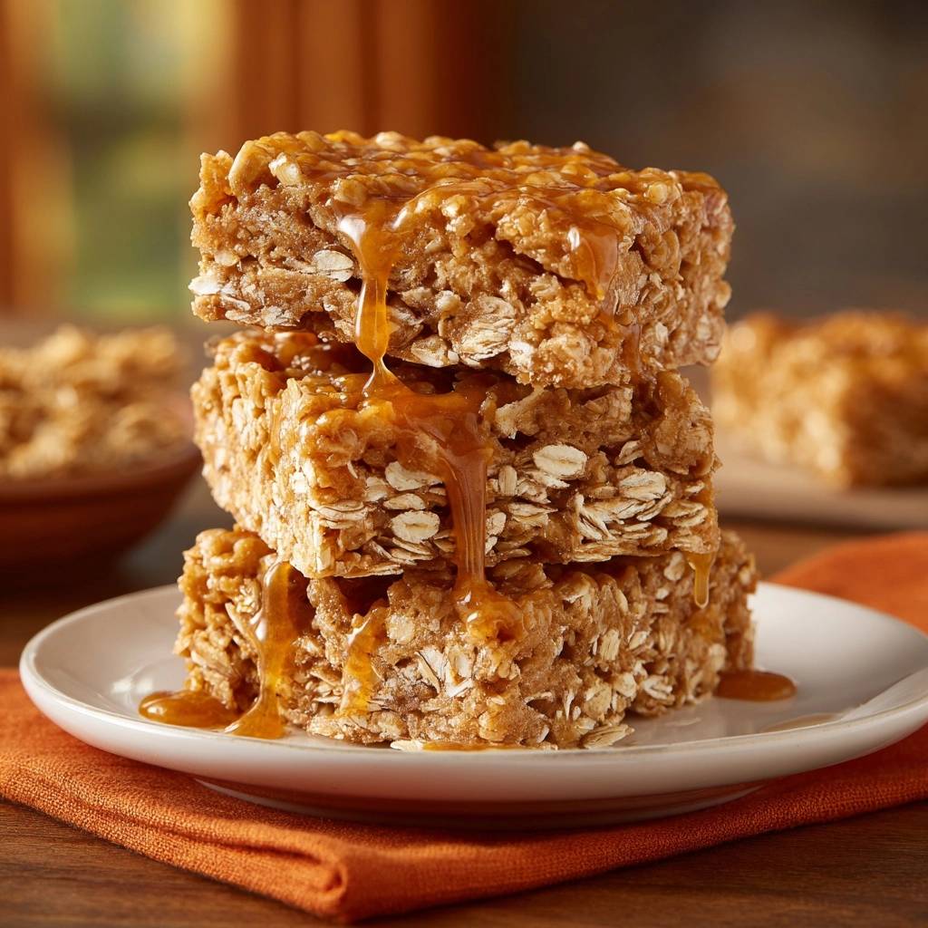 Caramel Rice Krispie Treats with airy crunch stacked high and drizzled with glistening caramel glaze.
