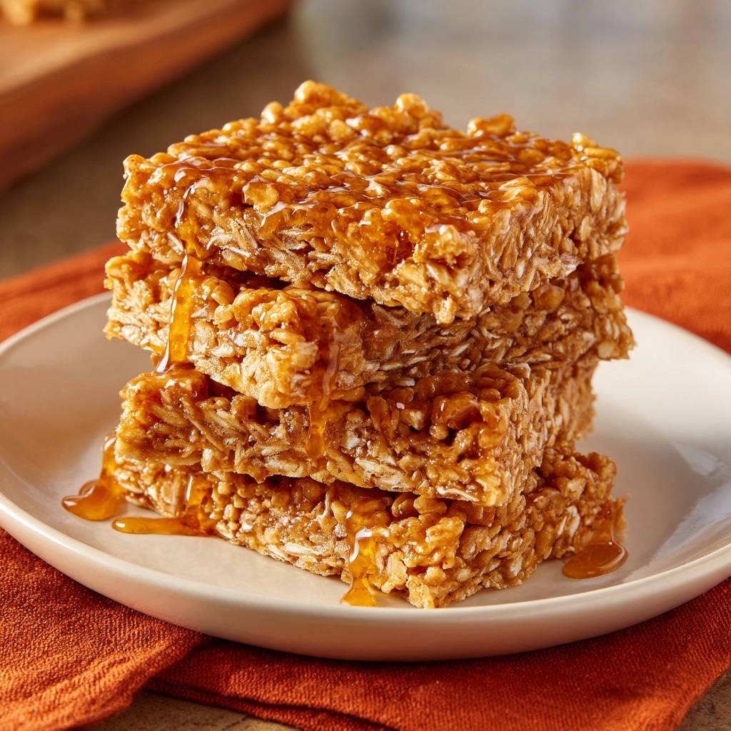 Caramel Rice Krispie Treats with Airy Crunch stacked high on a white plate, with caramel drizzling down.