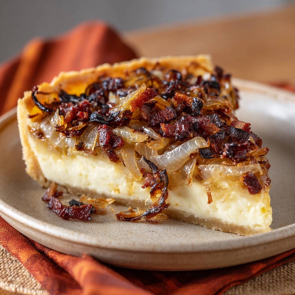 Caramelized onion bacon quiche slice showing its thick creamy filling and golden crust on a plate