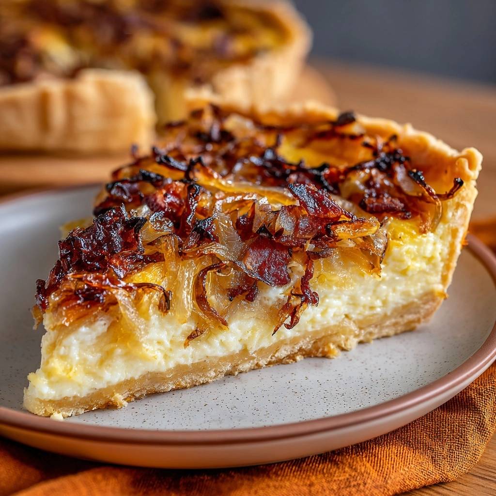 Caramelized onion bacon quiche slice showing a close-up cross-section of the flaky crust and creamy filling.