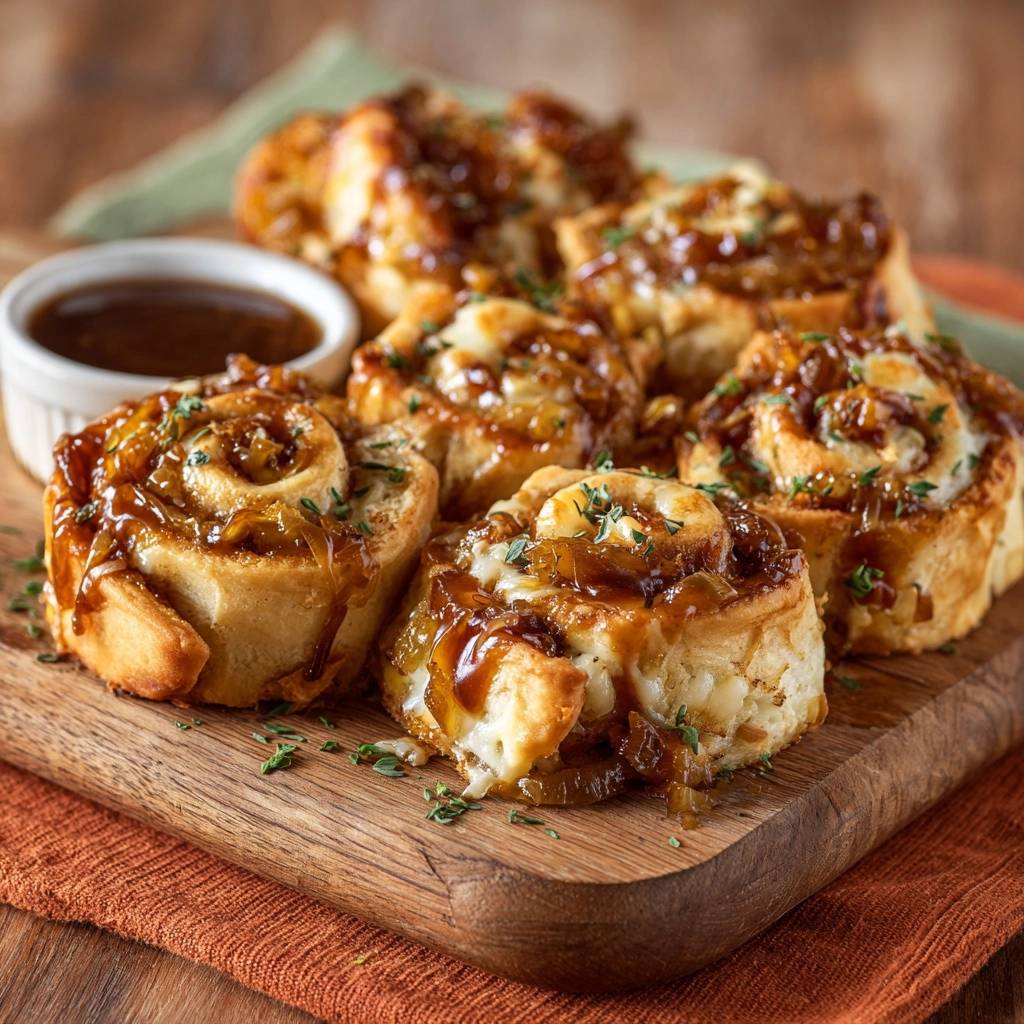 Gooey Caramelized Onion Gouda Rolls shown in a close-up view with melted cheese and a savory glaze.