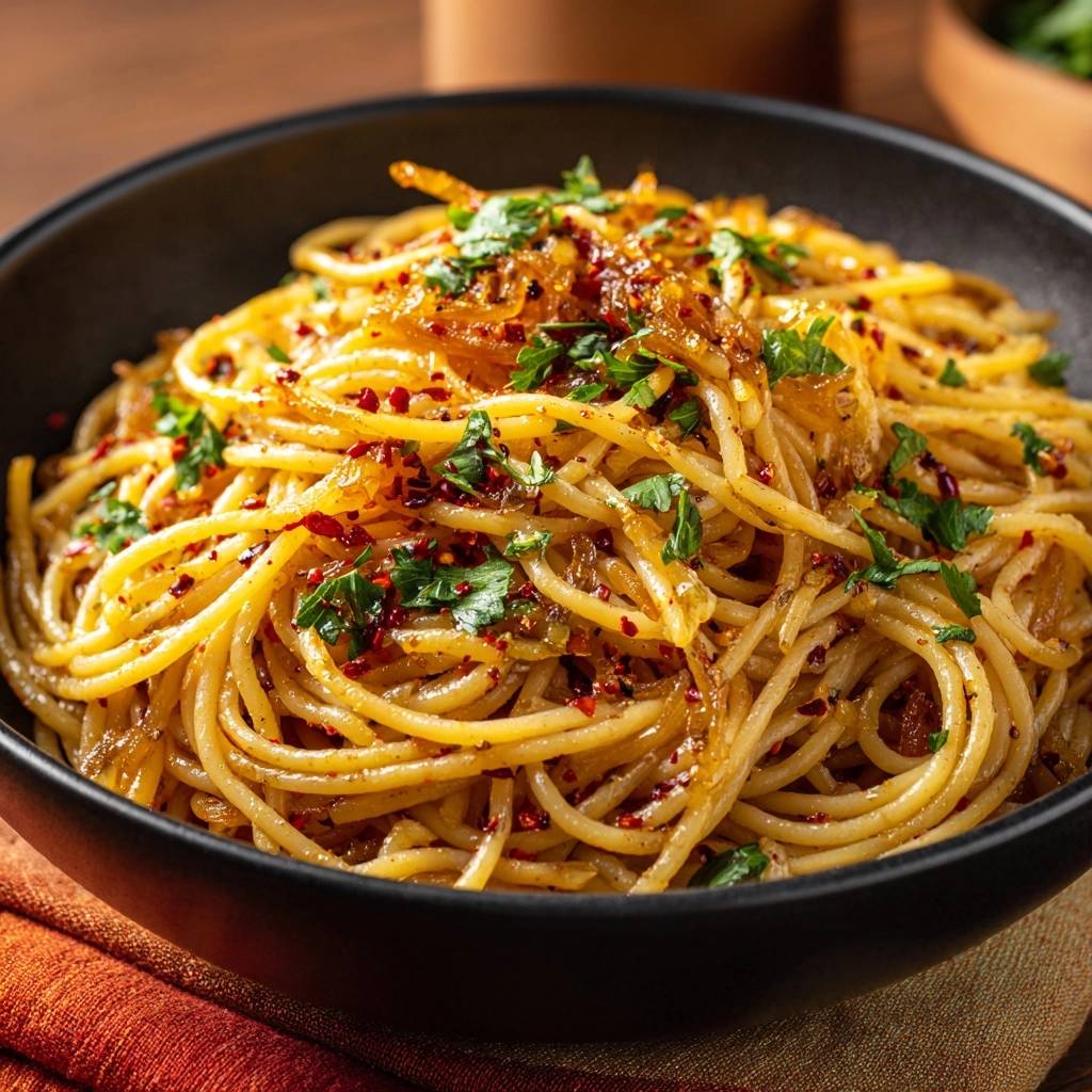 Silky caramelized onion spaghetti recipe, shown in a close-up view with fresh parsley and chili flakes garnish.