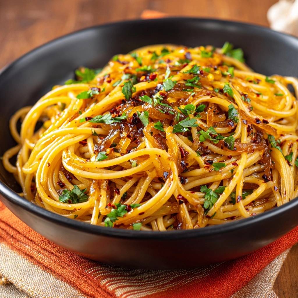Silky caramelized onion spaghetti recipe shown in a close-up view highlighting the glistening noodles and savory topping.