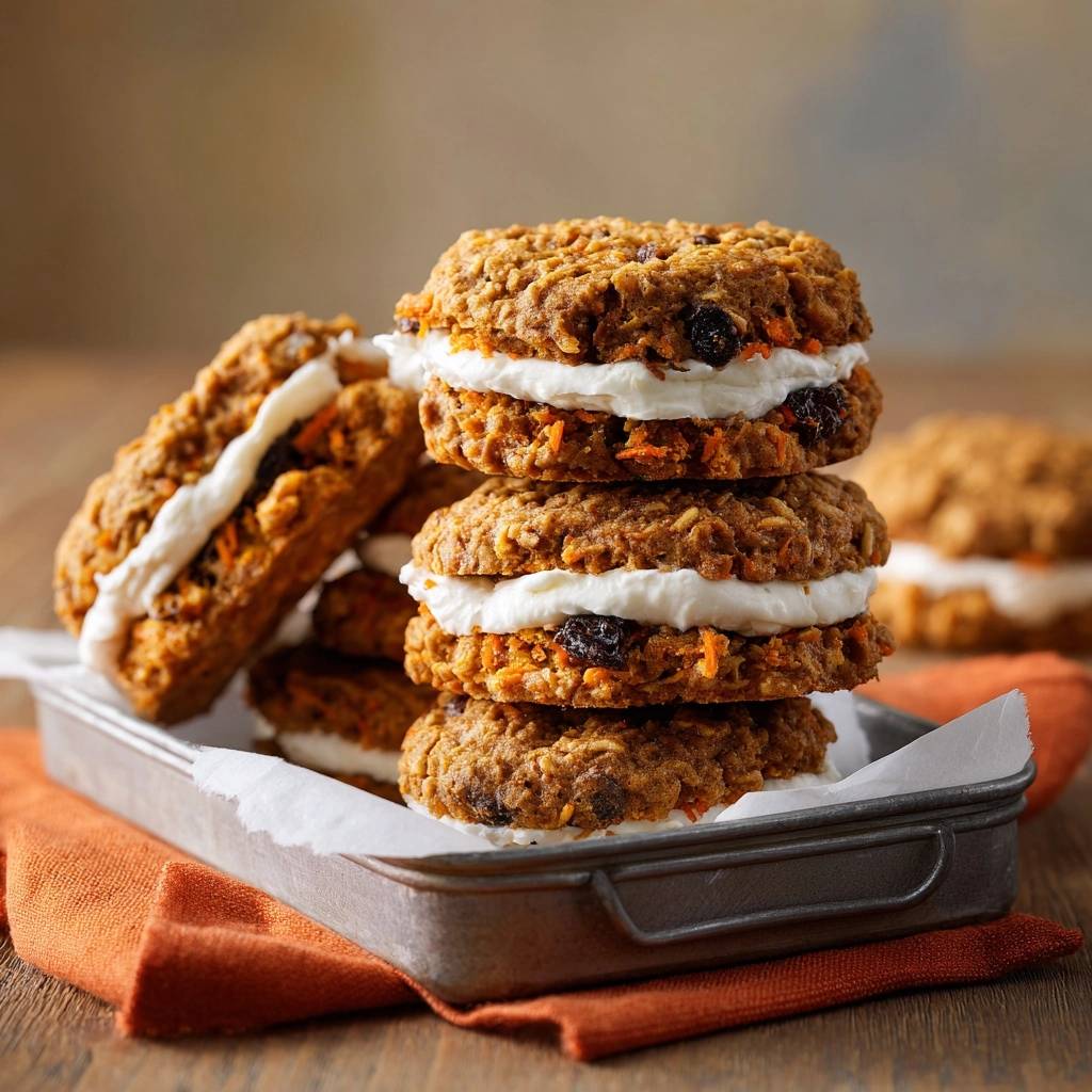 Carrot oatmeal whoopie pies stacked in a metal tray with a close-up view of the creamy filling and textured cookies.