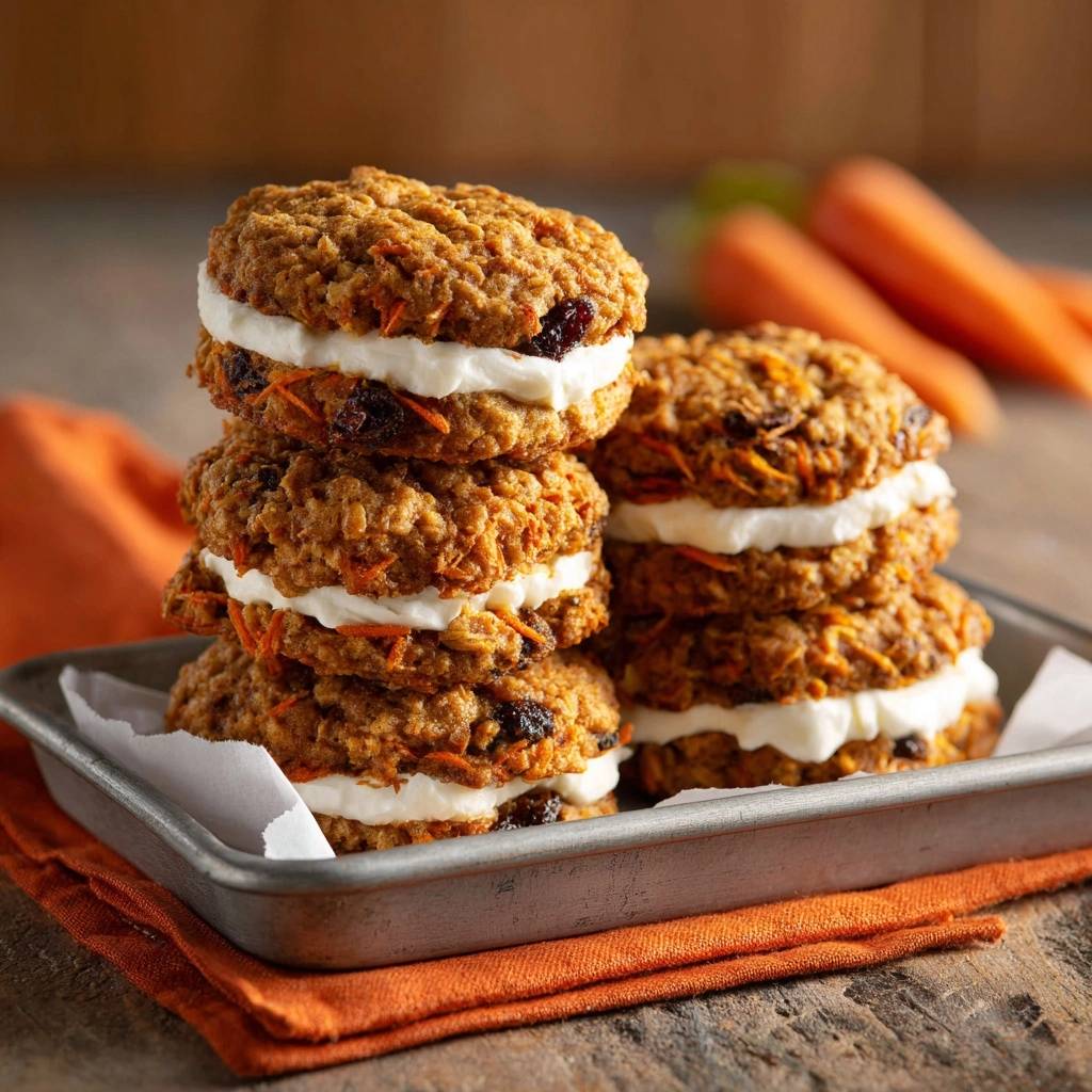 Carrot oatmeal whoopie pies are stacked in two towers on a metal tray, showcasing their creamy filling and textured cookie exterior.