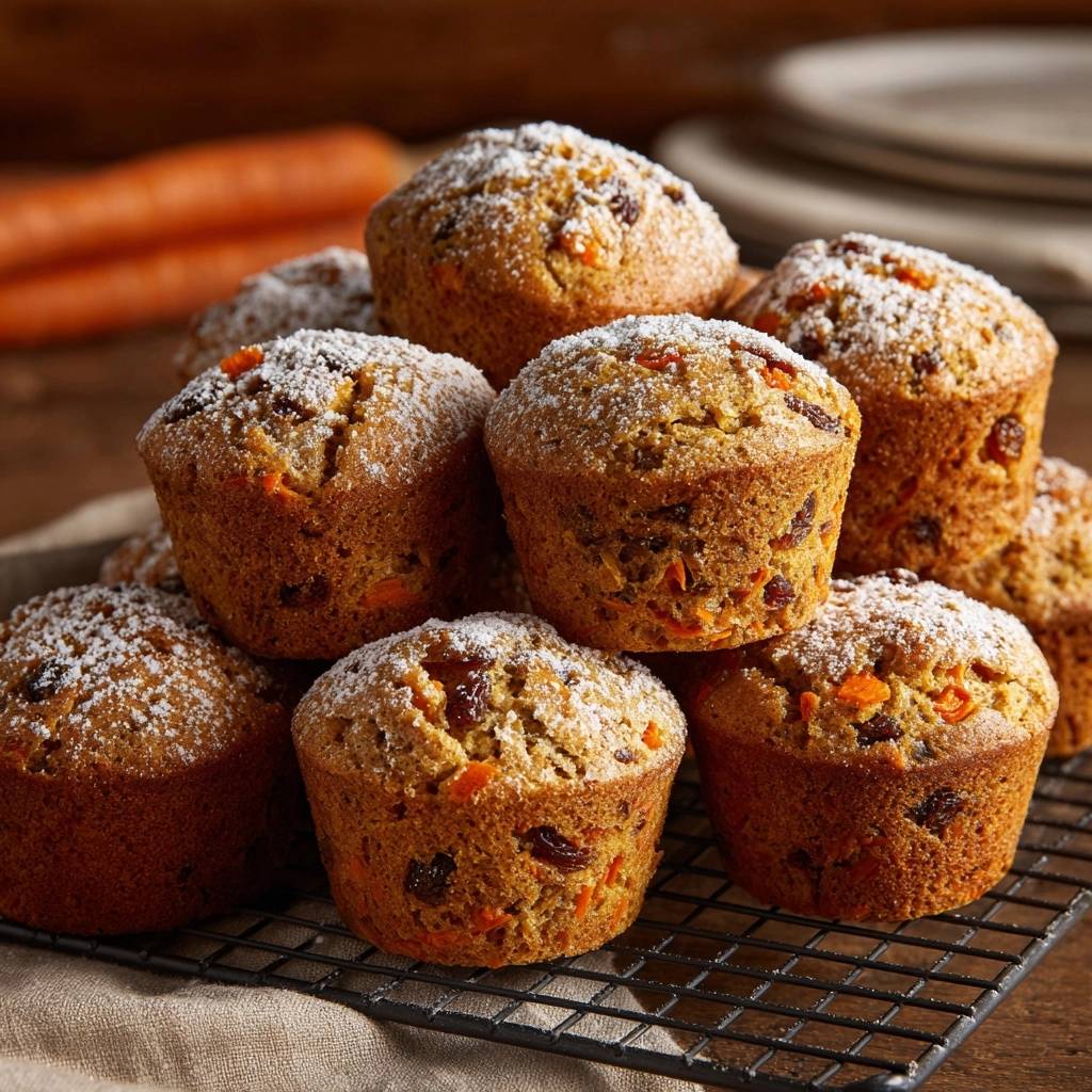 Carrot raisin muffins dusted with powdered sugar, showcasing their fluffy texture and raisin inclusions.