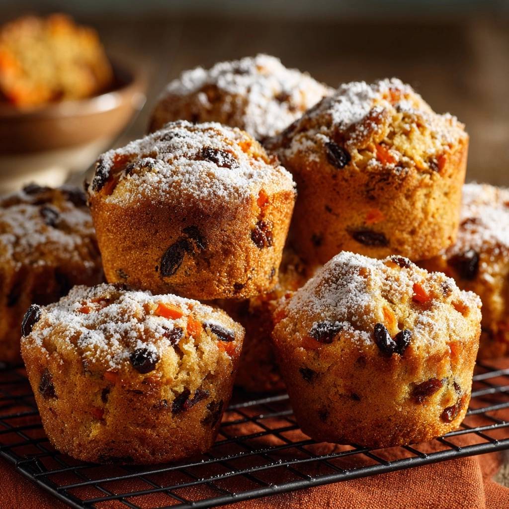 Carrot raisin muffins dusted with powdered sugar, showcasing their fluffy texture and visible raisins and carrot pieces.