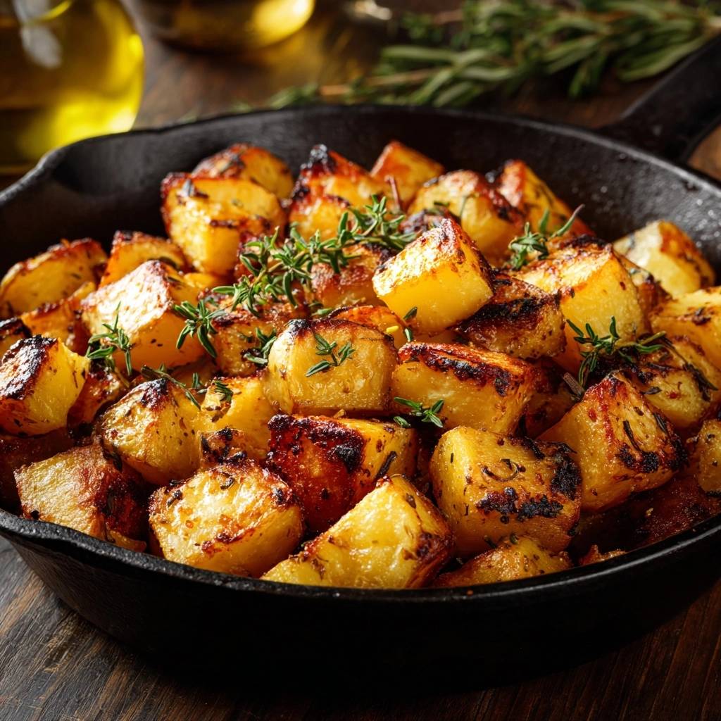 Cast iron thyme roasted potatoes with crispy edges and fluffy centers, garnished with fresh thyme sprigs.