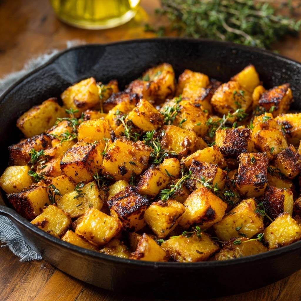 Cast iron thyme roasted potatoes with crispy edges and fluffy centers, shown in a close-up skillet detail.