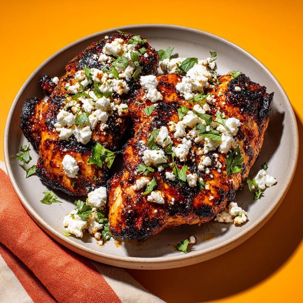 Charred harissa chicken thighs generously topped with crumbled feta cheese and fresh herbs.
