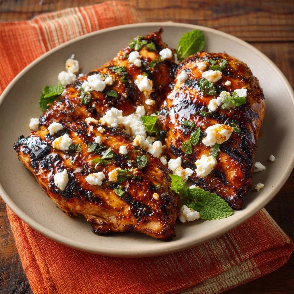 Charred harissa chicken thighs topped with crumbled feta cheese and fresh mint garnish on a plate.