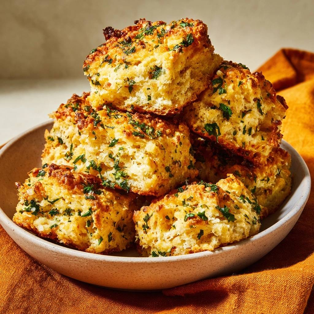Cheddar parsley biscuits stacked in a bowl, showcasing their flaky layers and fresh herb topping.