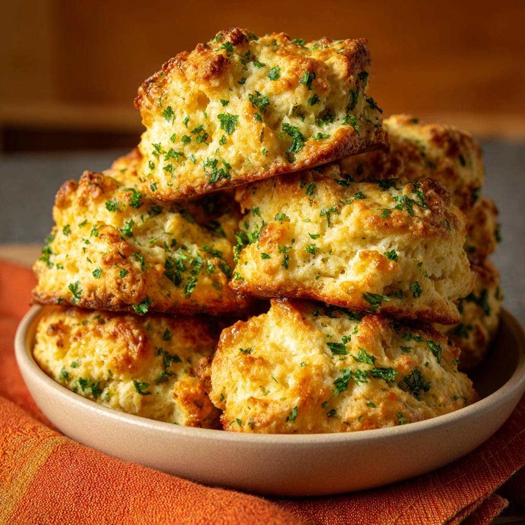 Cheddar parsley biscuits stacked in a bowl, showcasing their golden-brown tops and flecks of fresh green parsley.