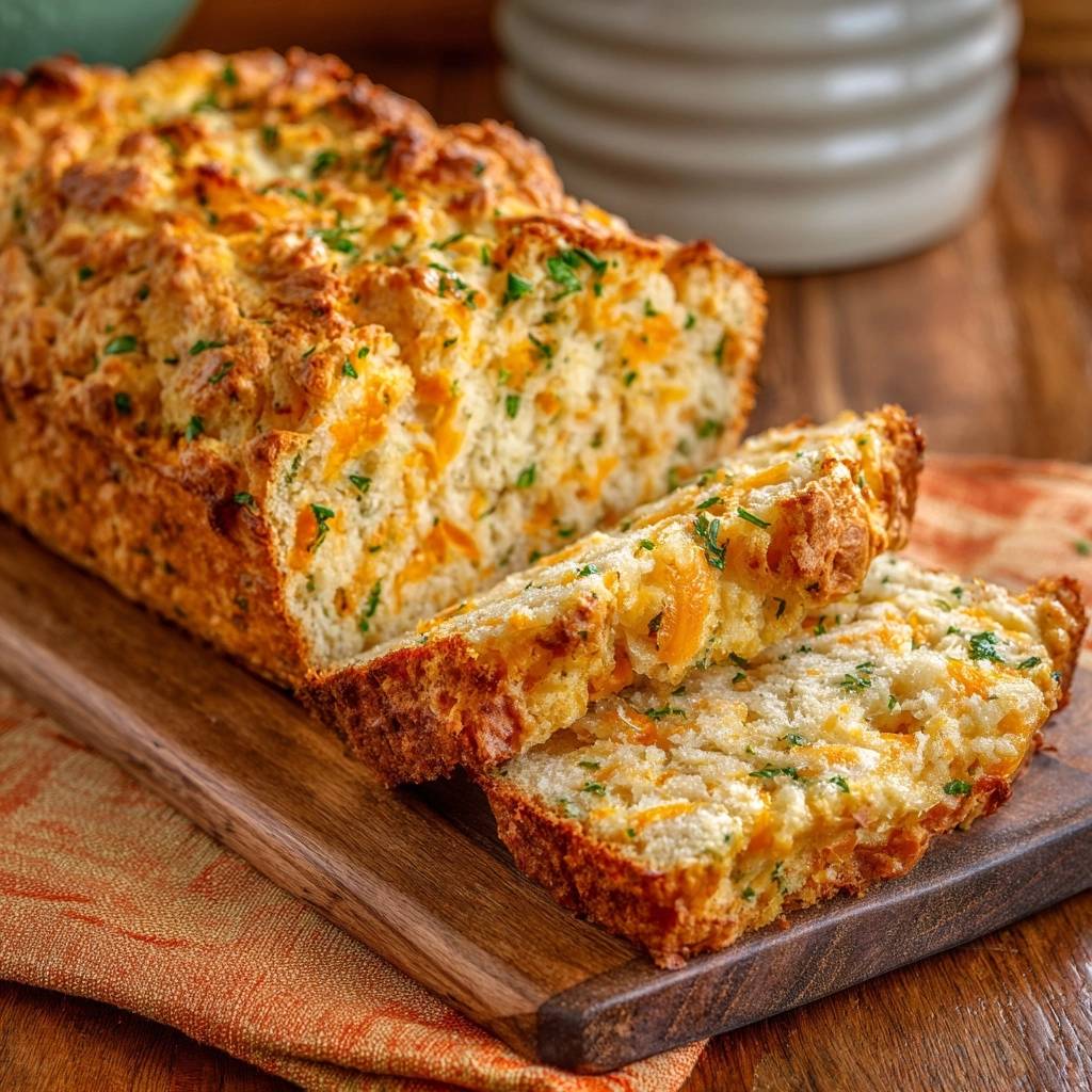 Cheddar Parsley Cheese Bread, a fluffy loaf, sliced to reveal its cheesy interior and fresh parsley flecks.