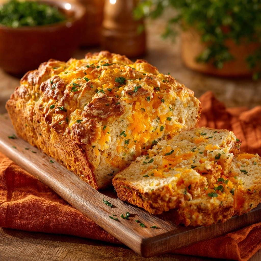 Cheddar Parsley Cheese Bread: a sliced loaf showing its fluffy interior texture with melted cheese and fresh parsley garnish.