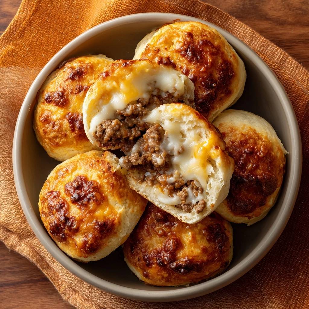 Cheeseburger stuffed biscuits shown in a bowl with a cross-section revealing the savory meat and melted cheese filling.
